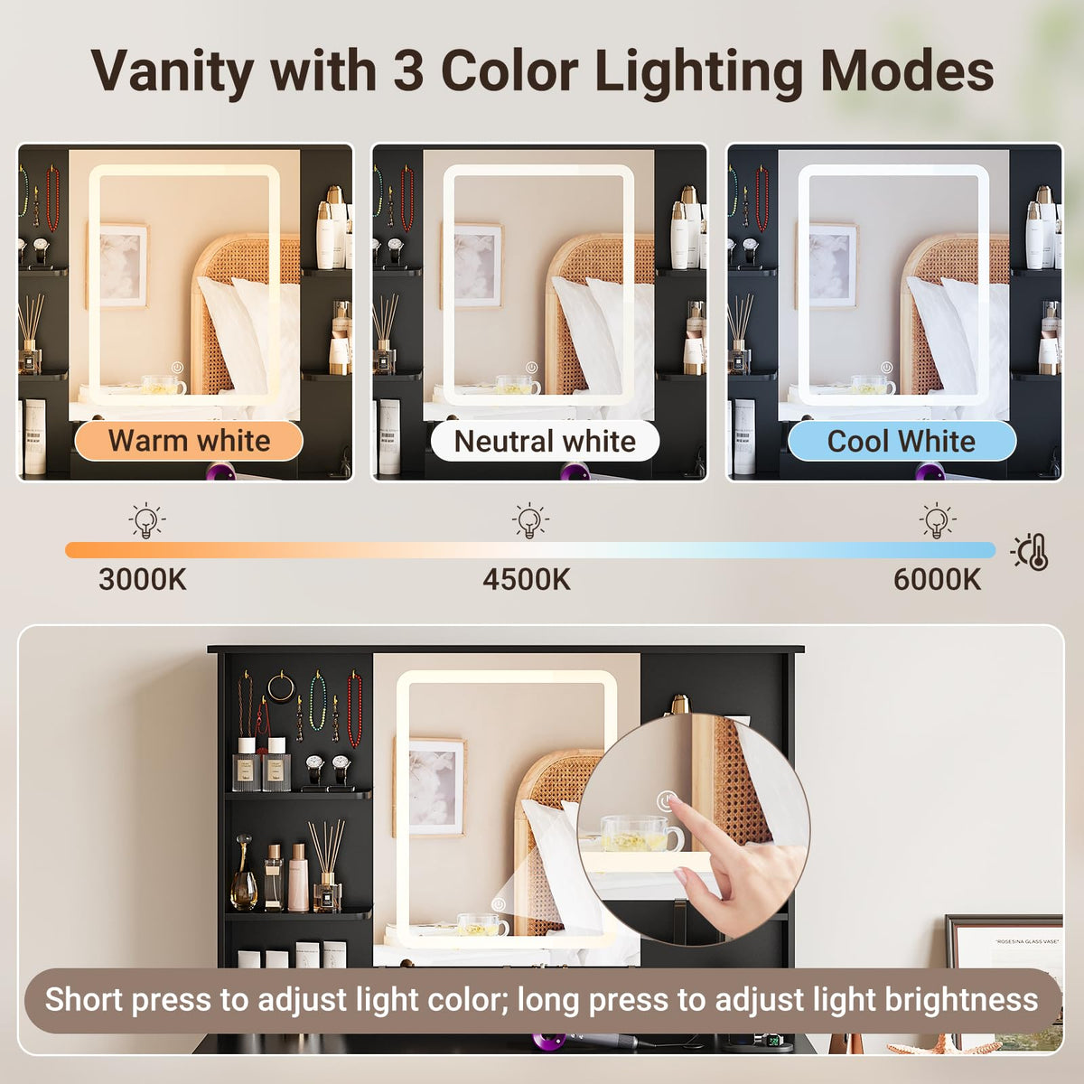 Black Makeup Vanity Desk with Mirror and Lights O949133