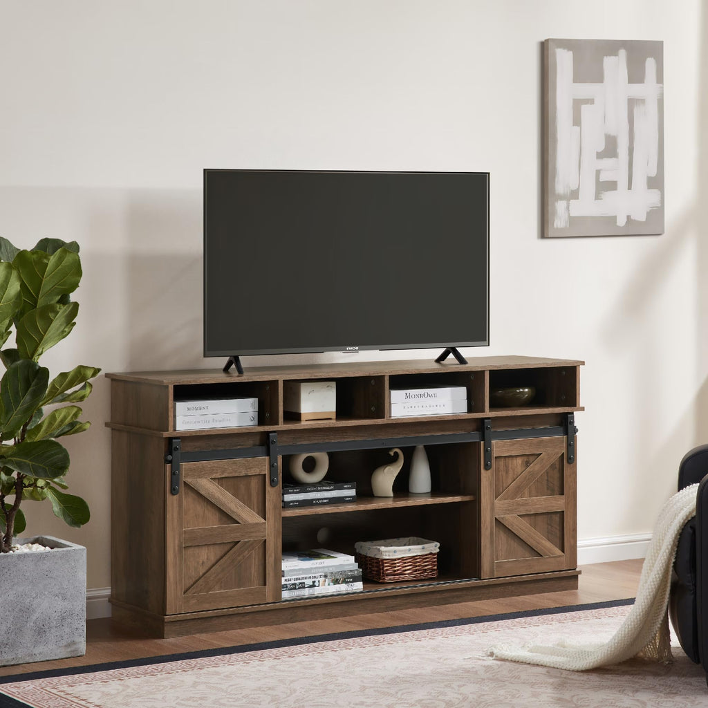 Farmhouse Wood TV Stand with Sliding Barn Doors N147814