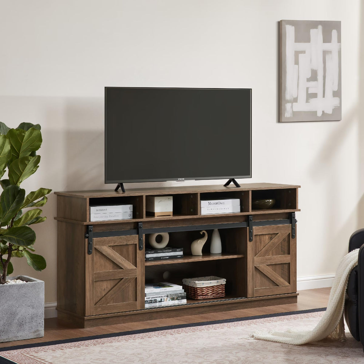 Farmhouse Wood TV Stand with Sliding Barn Doors N147814