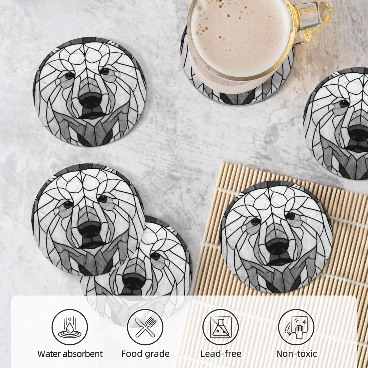 Black and White Bear Ceramic Coasters Set of 6 V248976