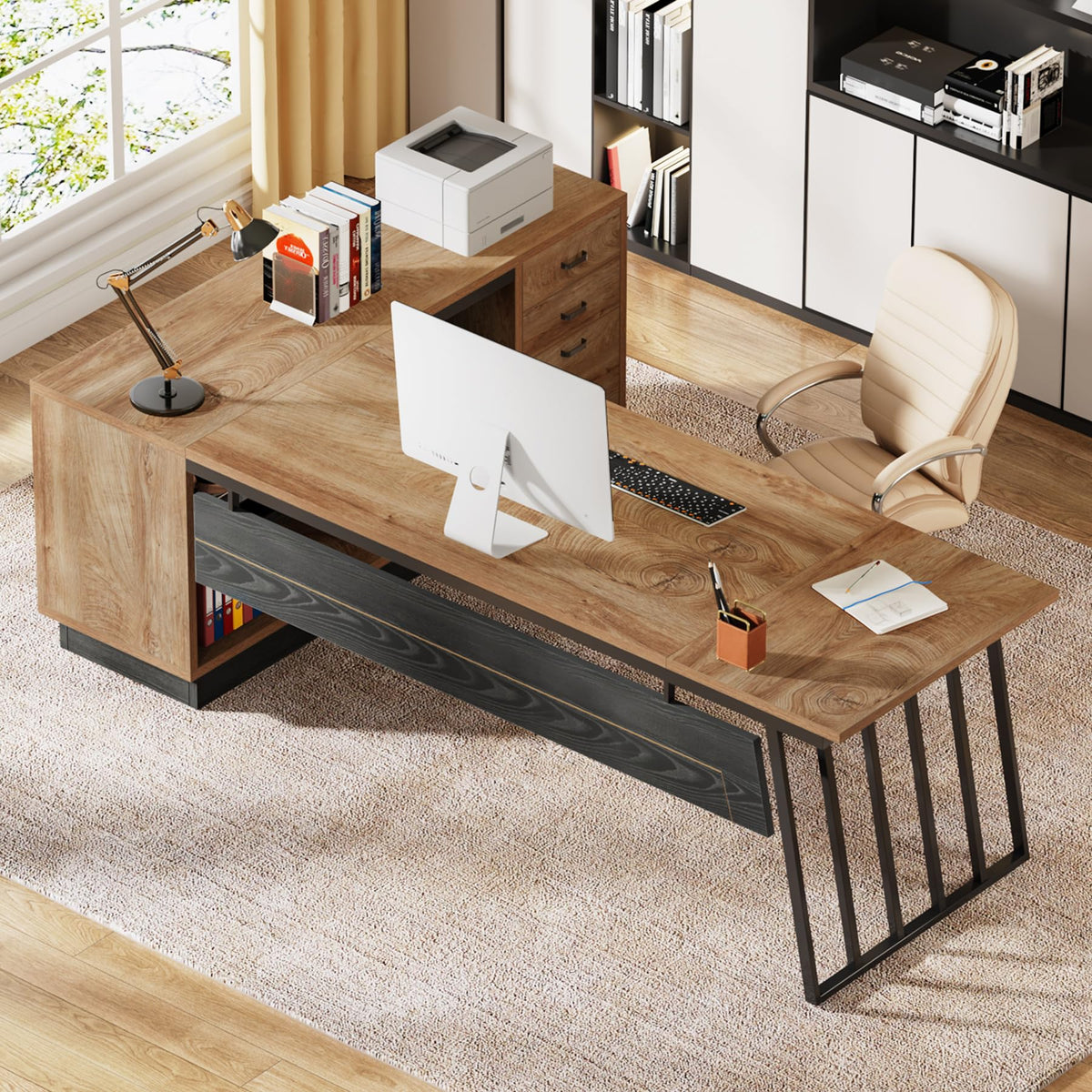 71-Inch L-Shaped Executive Desk with Cabinet Q5208