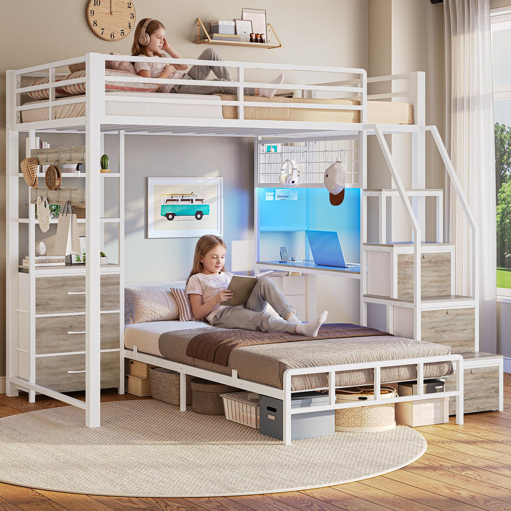 White Twin Over Twin Metal Bunk Bed with 6 Storage Drawers and Desk M691697