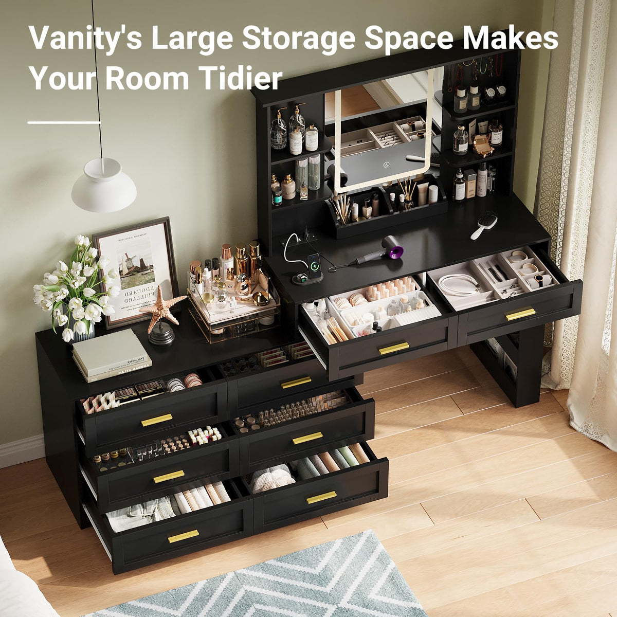 Black Makeup Vanity Desk with Mirror and Lights O949133