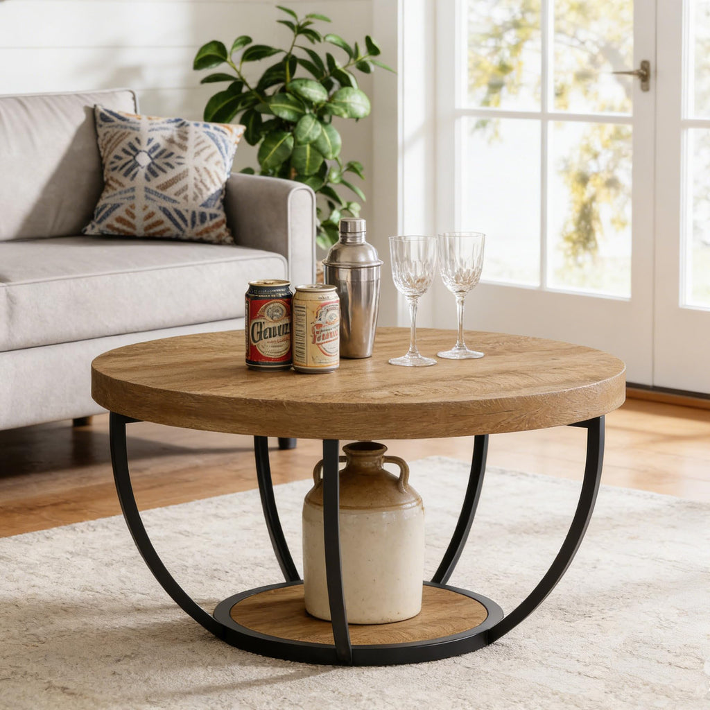 Round 2-Tier Wood Coffee Table with Storage R176495