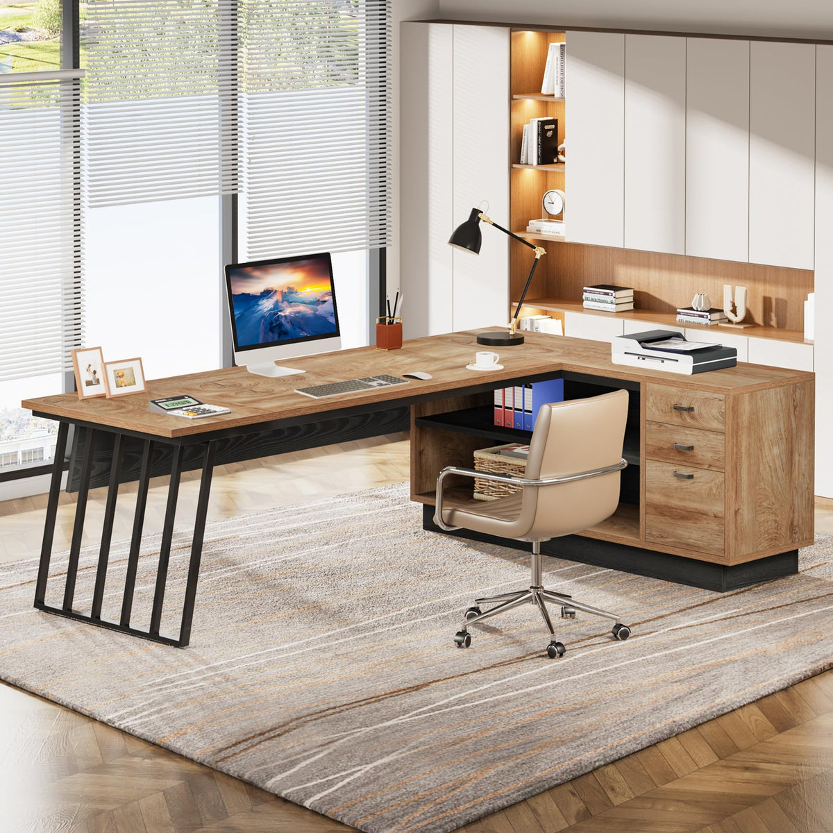 71-Inch L-Shaped Executive Desk with Cabinet Q5208