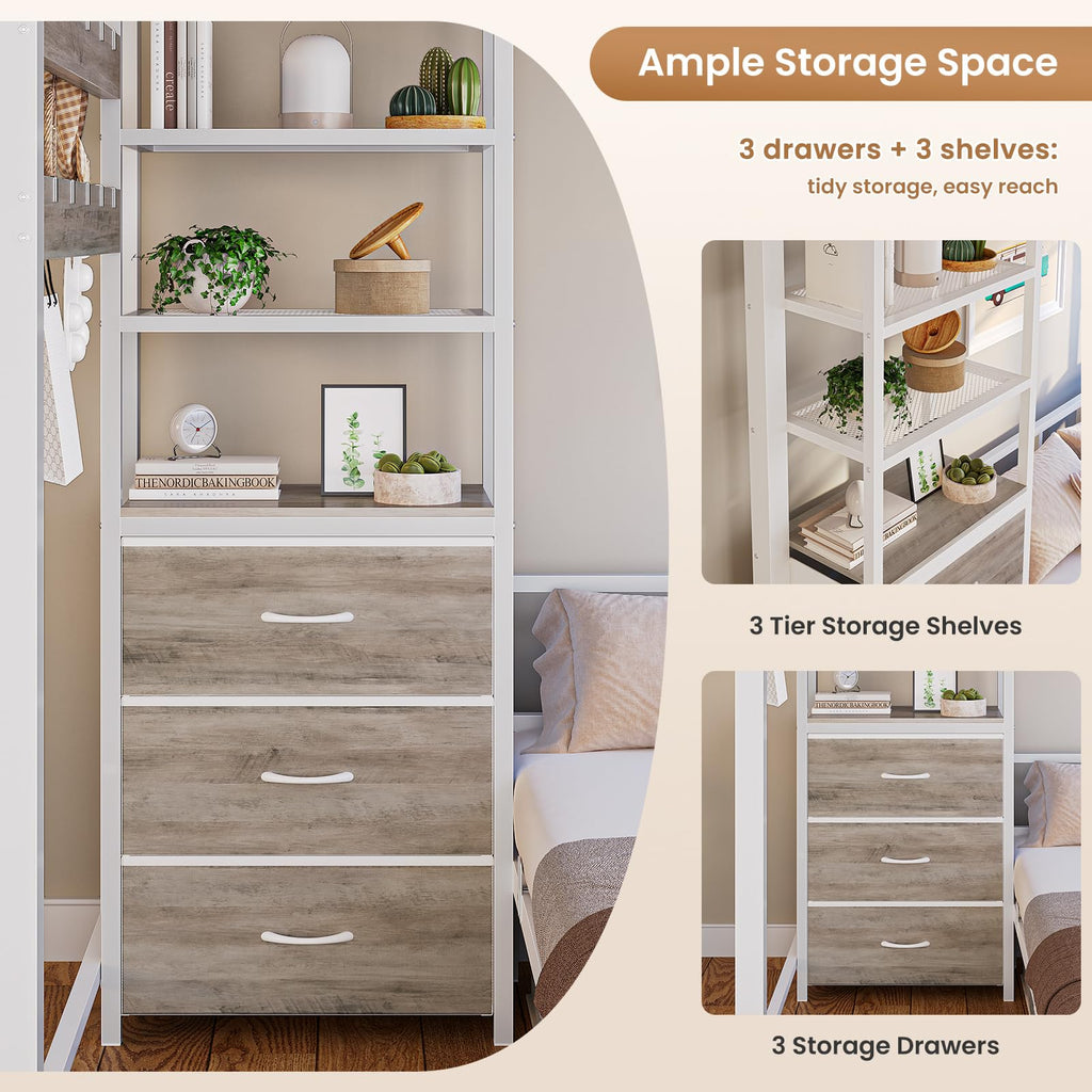 White Twin Over Twin Metal Bunk Bed with 6 Storage Drawers and Desk M691697