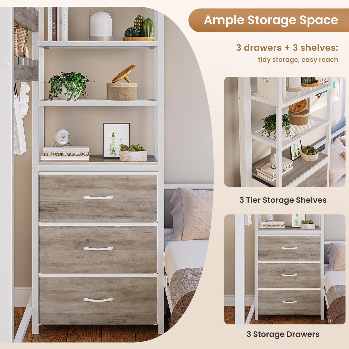 White Twin Over Twin Metal Bunk Bed with 6 Storage Drawers and Desk M691697