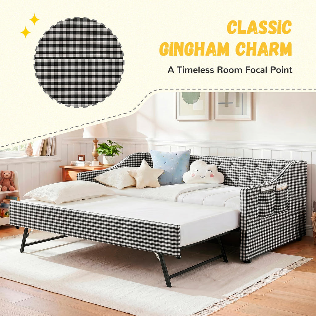 Twin Size Gingham Daybed with Trundle and Storage Pocket P4176