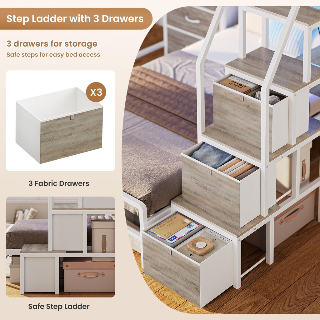 White Twin Over Twin Metal Bunk Bed with 6 Storage Drawers and Desk M691697