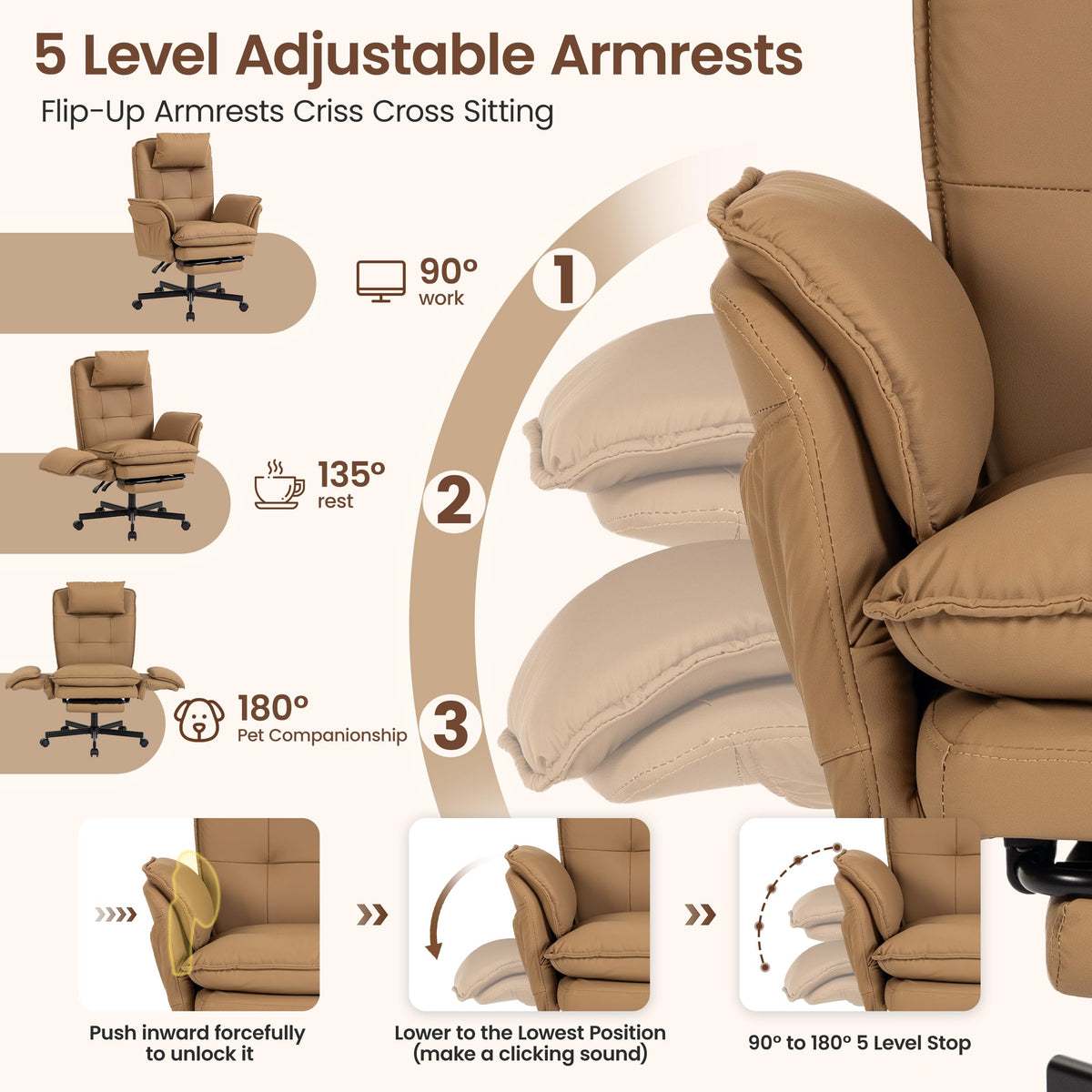 Brown Office Chair with Foot Rest & Flip Armrests R841