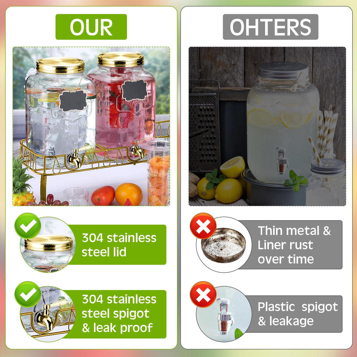 3 Pcs 2 Gallon Glass Drink Dispenser with Stand and Lid C196726