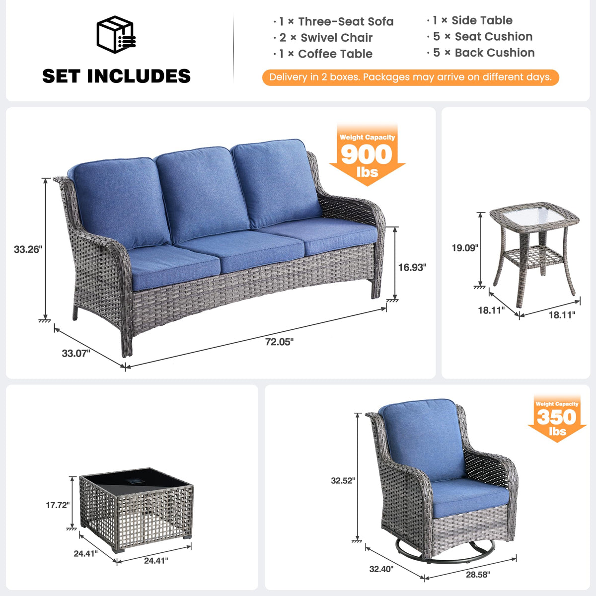 5-Piece Outdoor Wicker Sofa Set with Swivel Chairs V463866