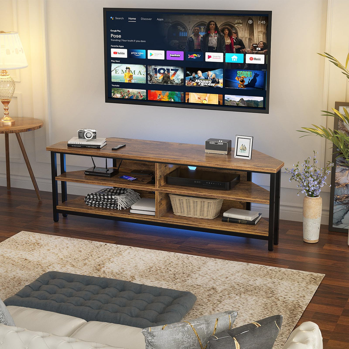 55'' Corner TV Stand with Power Outlet and 4 Open Storage Shelves Z2055
