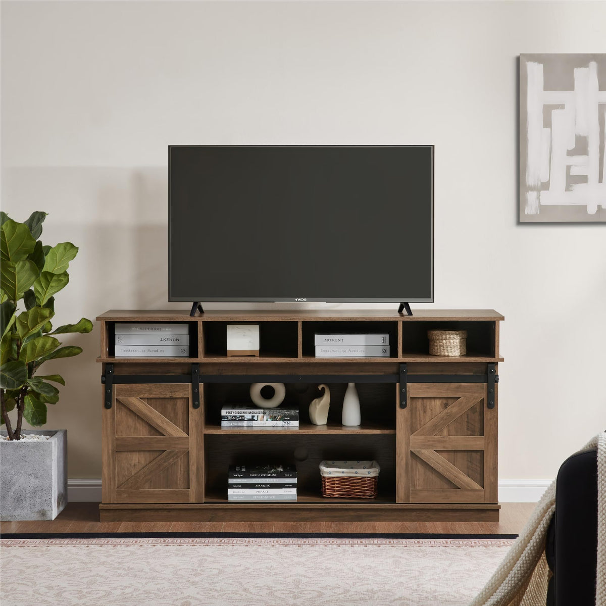 Farmhouse Wood TV Stand with Sliding Barn Doors N147814