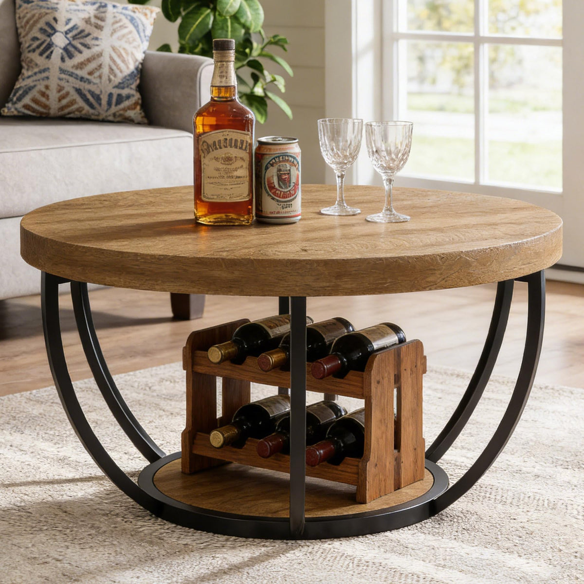 Round 2-Tier Wood Coffee Table with Storage R176495