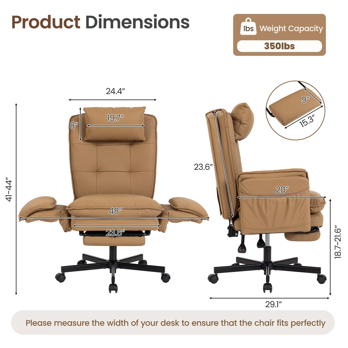Brown Office Chair with Foot Rest & Flip Armrests R841