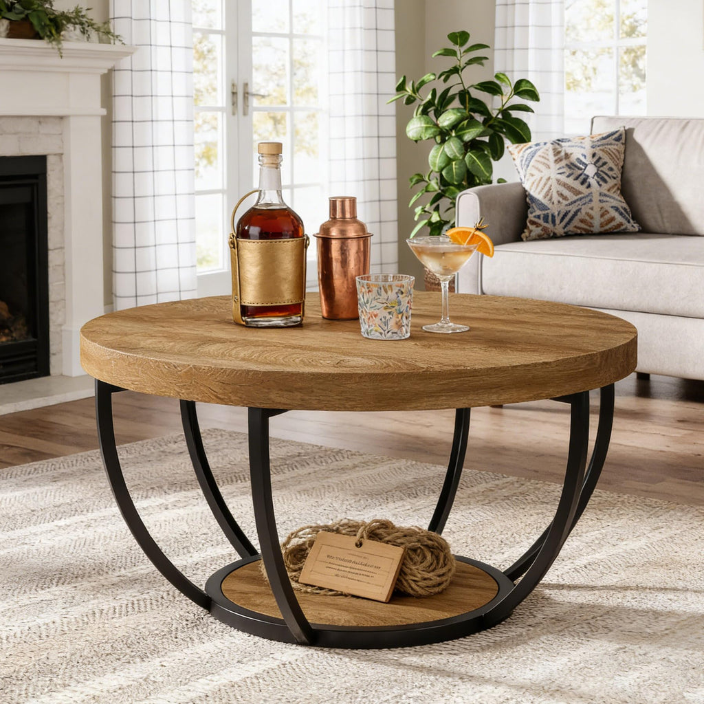 Round 2-Tier Wood Coffee Table with Storage R176495