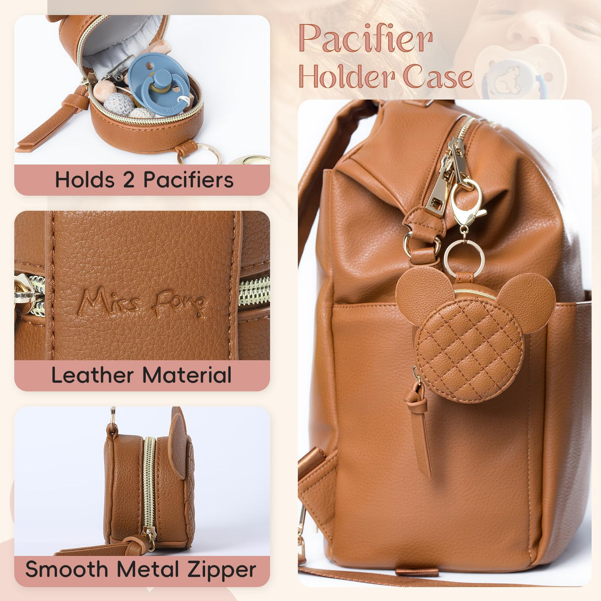 Leather Diaper Bag Backpack with Pacifier Case I894