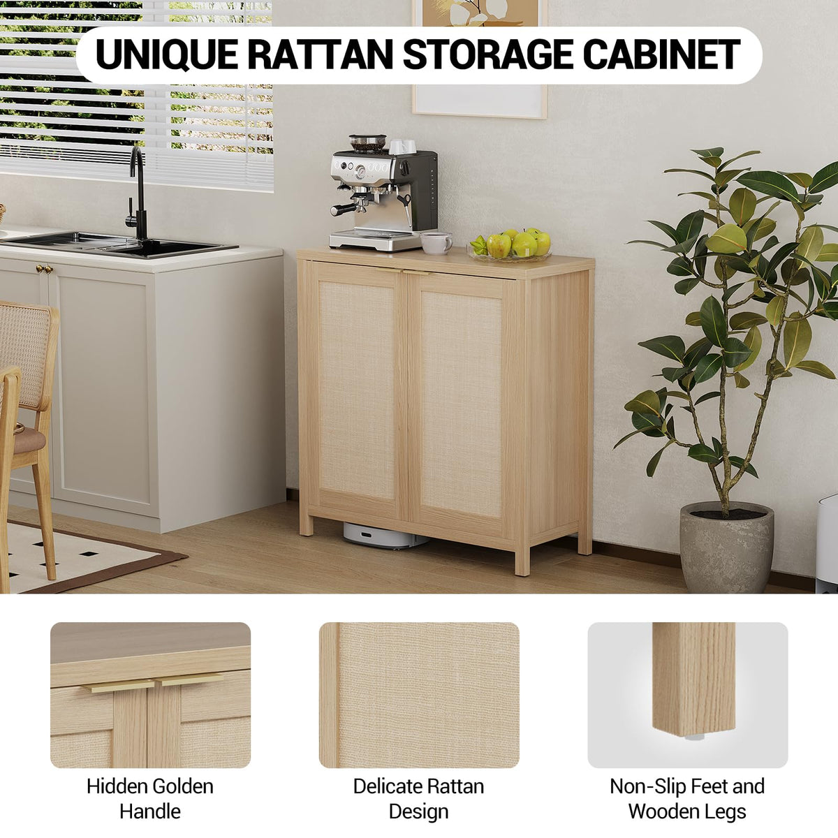 Light Oak Rattan Storage Cabinet with Adjustable Shelves P139