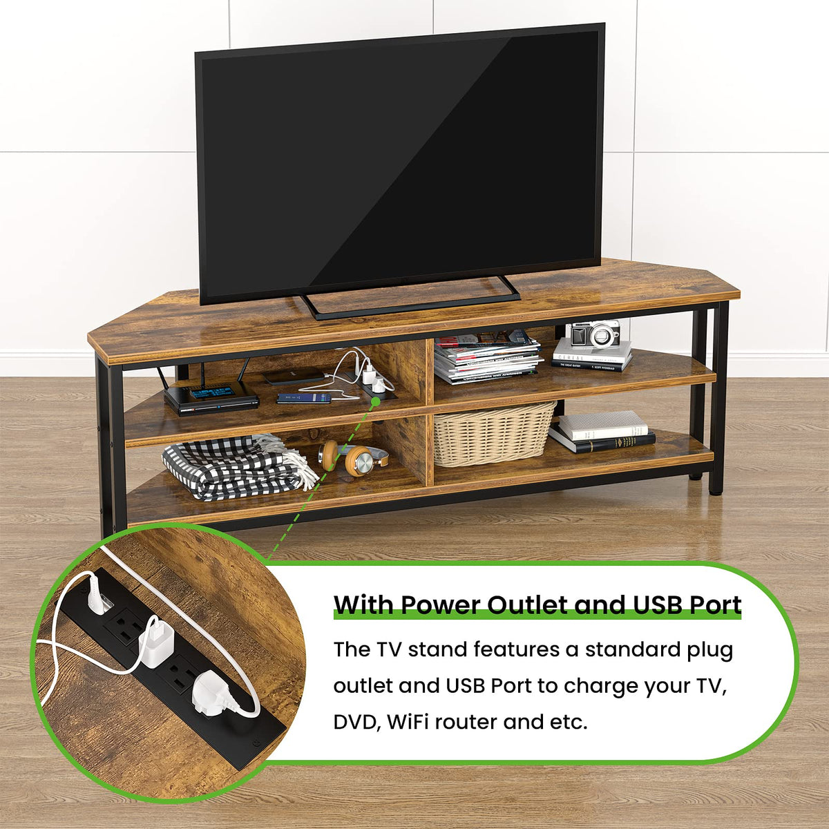 55'' Corner TV Stand with Power Outlet and 4 Open Storage Shelves Z2055