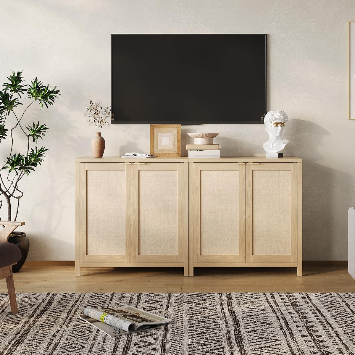Light Oak Rattan Storage Cabinet with Adjustable Shelves P139