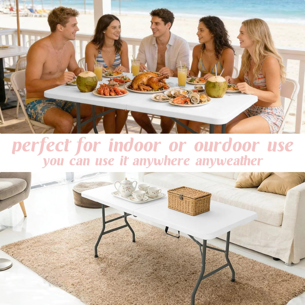 2 Pack 6 Feet Portable Folding Table White Plastic Q736