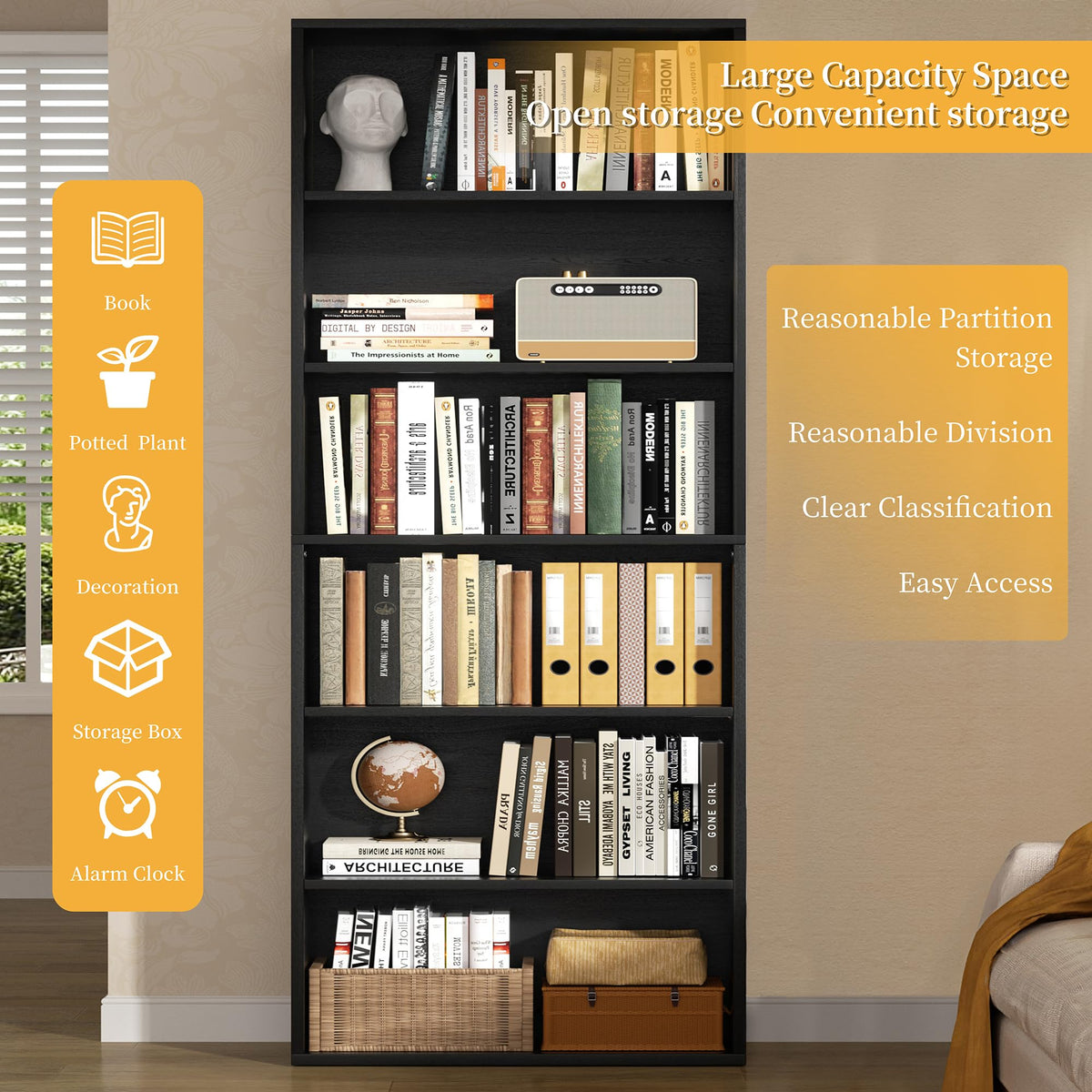 Black 6 Tier 71 Inch Bookshelf S310807