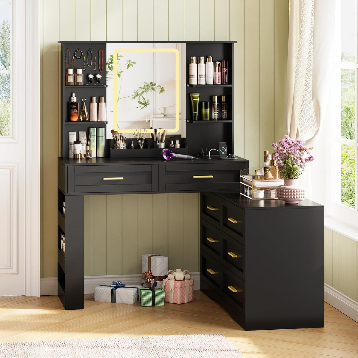 Black Makeup Vanity Desk with Mirror and Lights O949133