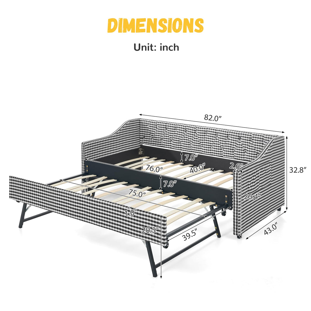 Twin Size Gingham Daybed with Trundle and Storage Pocket P4176