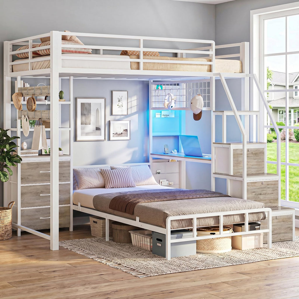 White Twin Over Twin Metal Bunk Bed with 6 Storage Drawers and Desk M691697