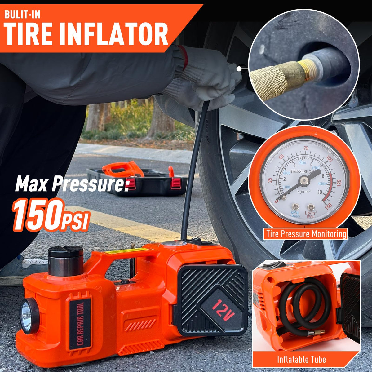 5 Ton Hydraulic Electric Car Jack Set with Tire Pump and Impact Wrench K380514