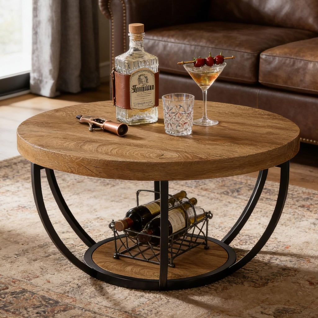 Round 2-Tier Wood Coffee Table with Storage R176495