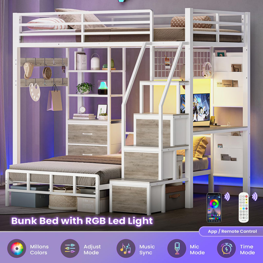 White Twin Over Twin Metal Bunk Bed with 6 Storage Drawers and Desk M691697