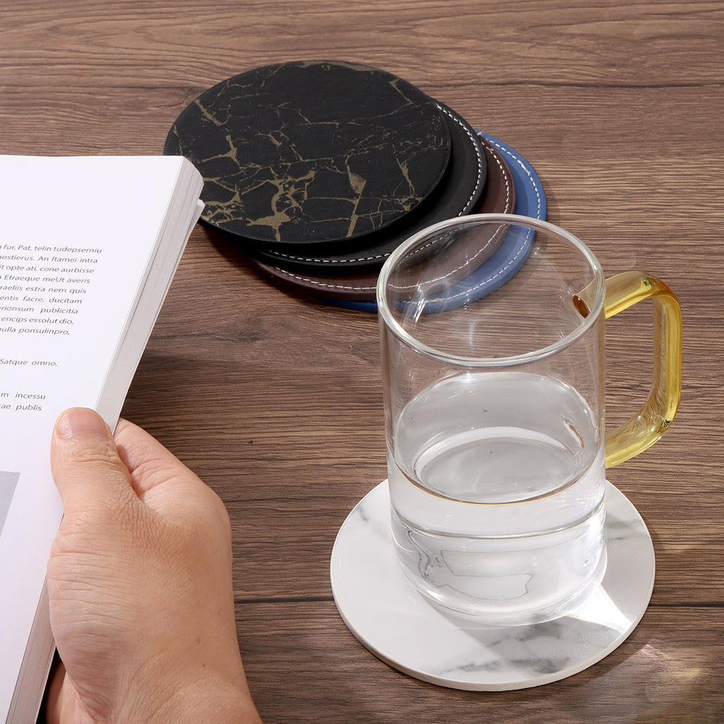 Round Drink Coasters Set of 6 Dual Sided Non-Slip Waterproof Leather M863