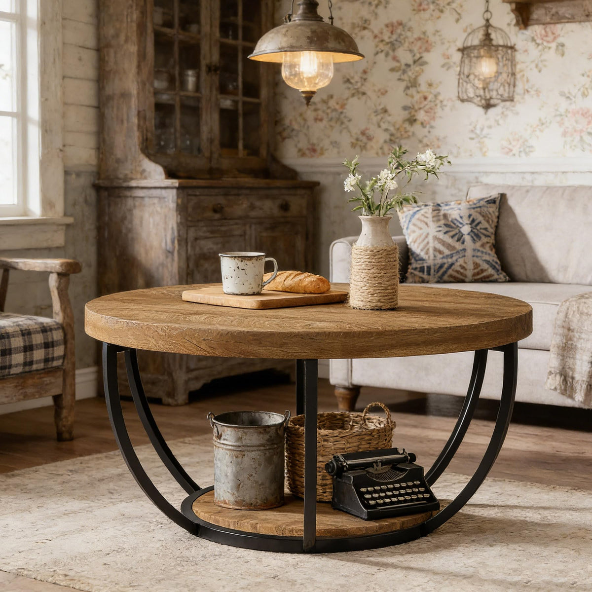 Round 2-Tier Wood Coffee Table with Storage R176495