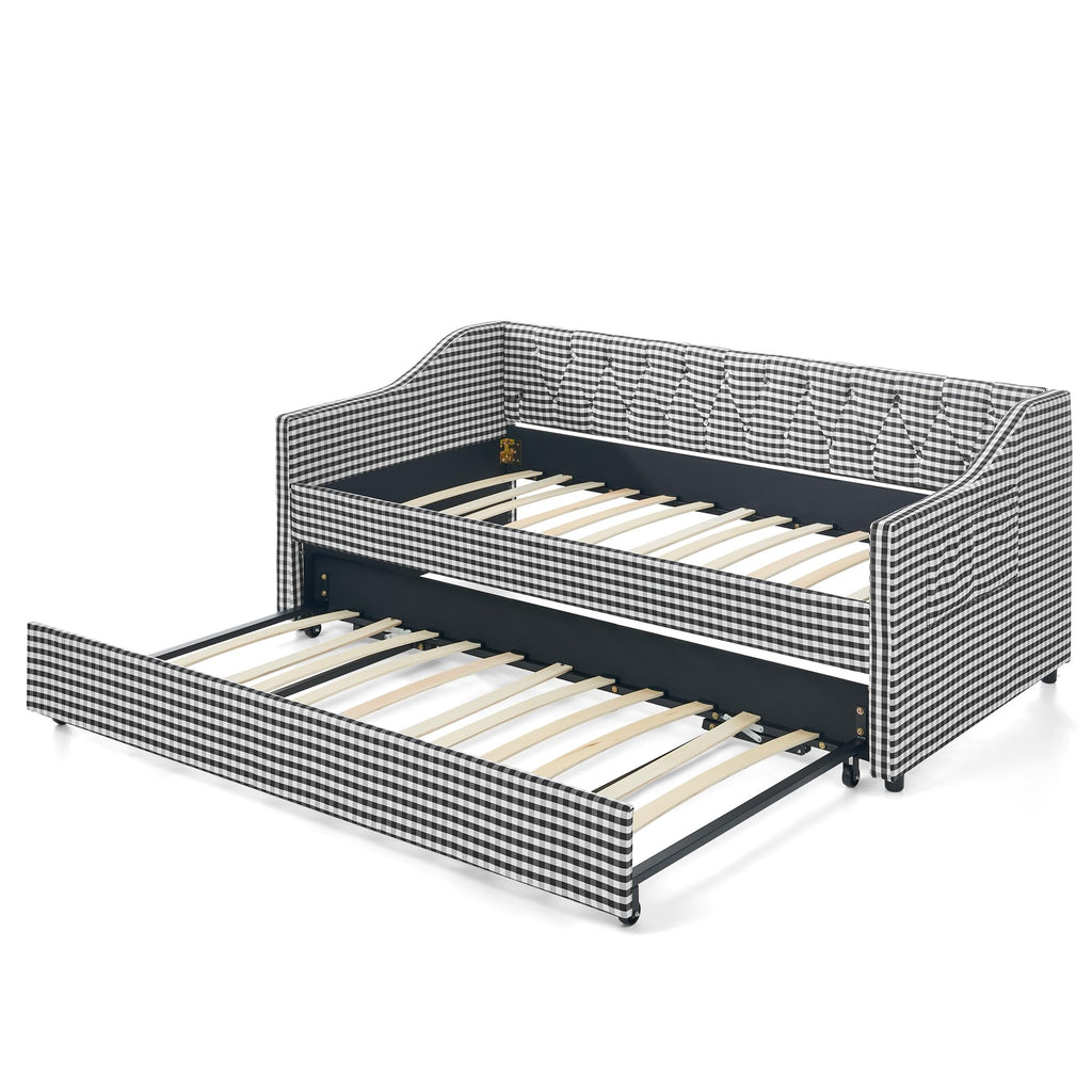 Twin Size Gingham Daybed with Trundle and Storage Pocket P4176