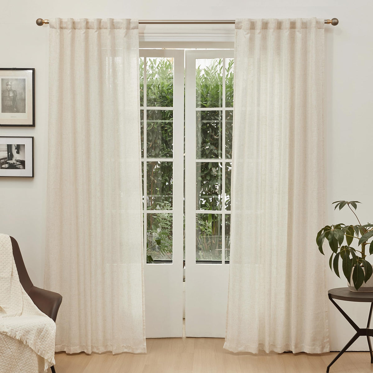 90 Inches Long Semi Sheer Linen Curtains, 2 Panels I1880