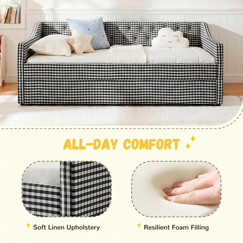 Twin Size Gingham Daybed with Trundle and Storage Pocket P4176