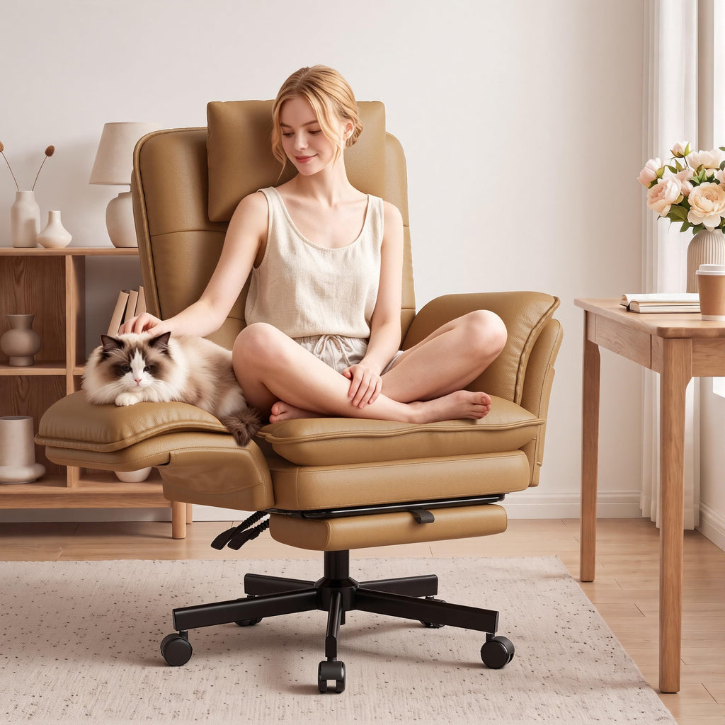 Brown Office Chair with Foot Rest & Flip Armrests R841