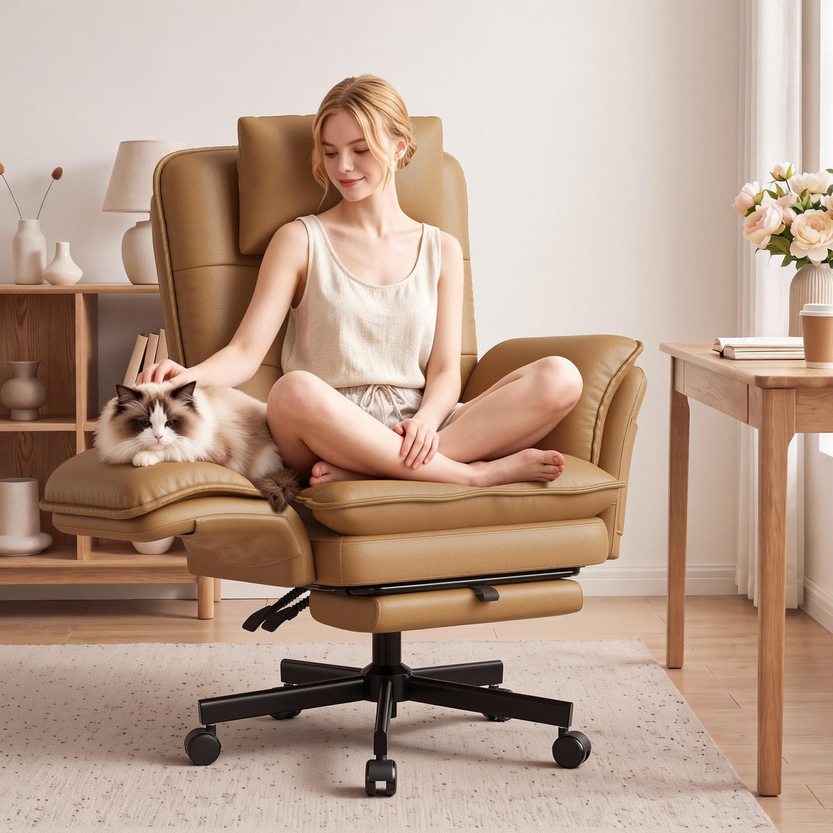 Brown Office Chair with Foot Rest & Flip Armrests R841