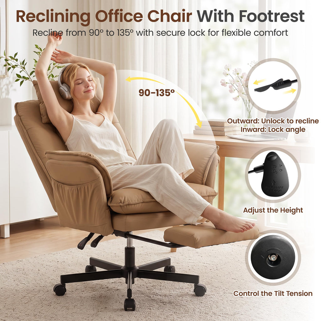 Brown Office Chair with Foot Rest & Flip Armrests R841