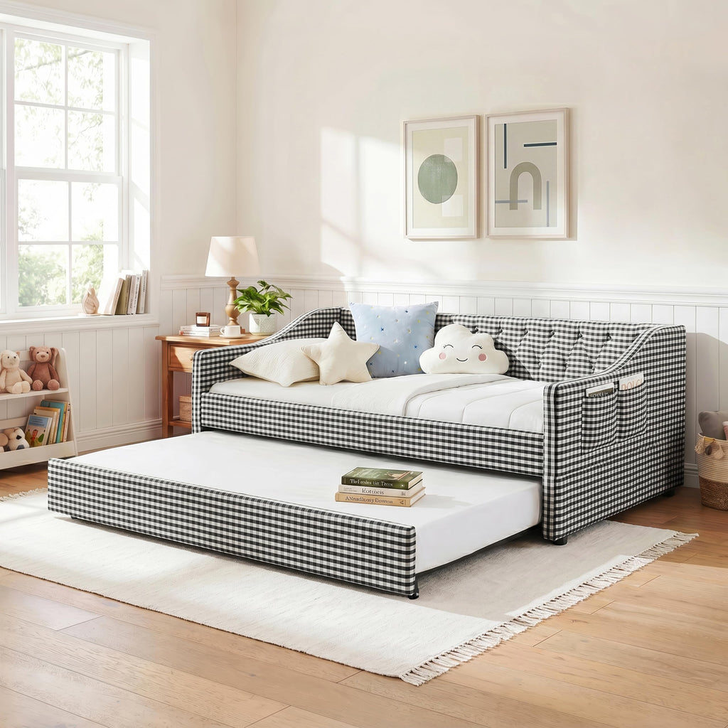 Twin Size Gingham Daybed with Trundle and Storage Pocket P4176