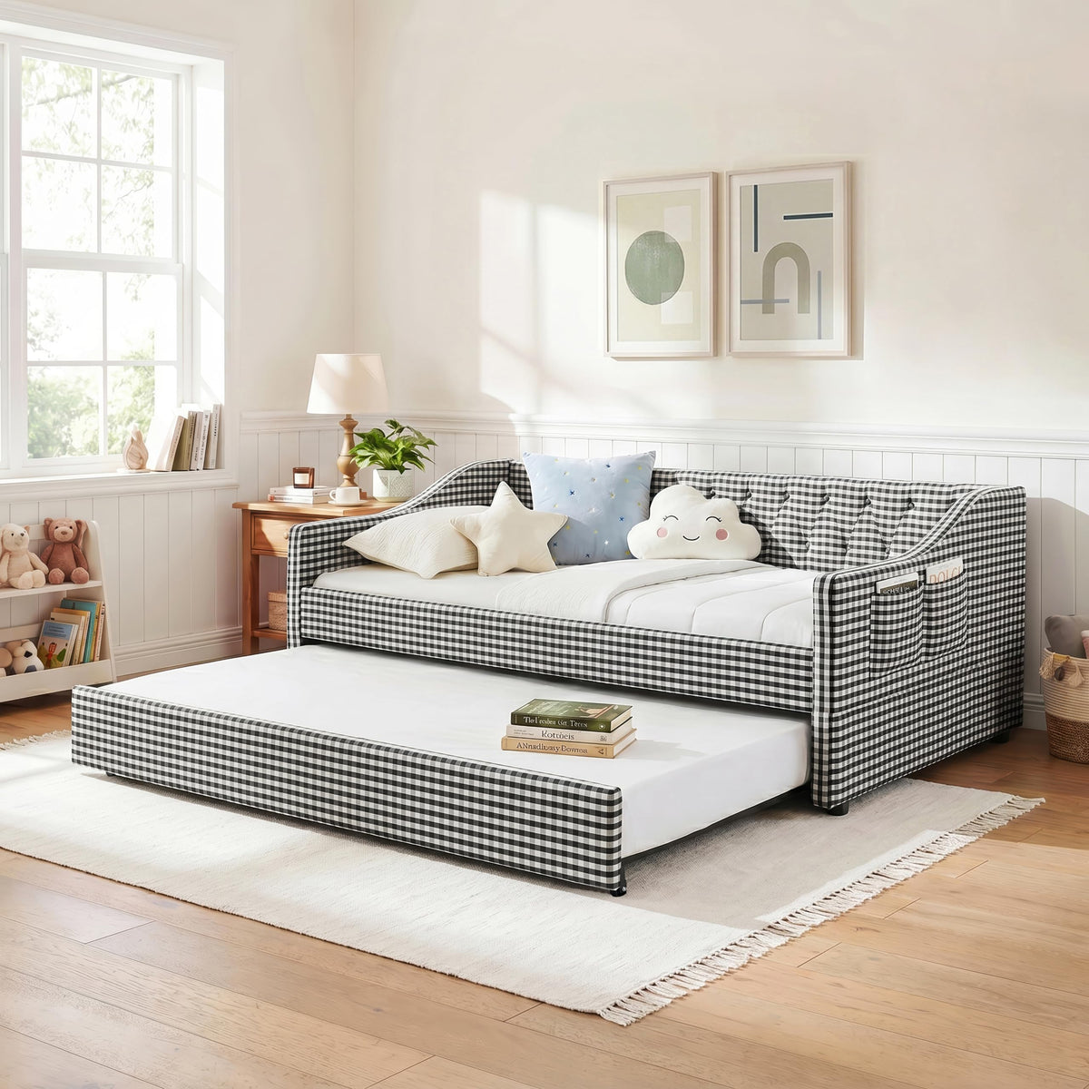 Twin Size Gingham Daybed with Trundle and Storage Pocket P4176