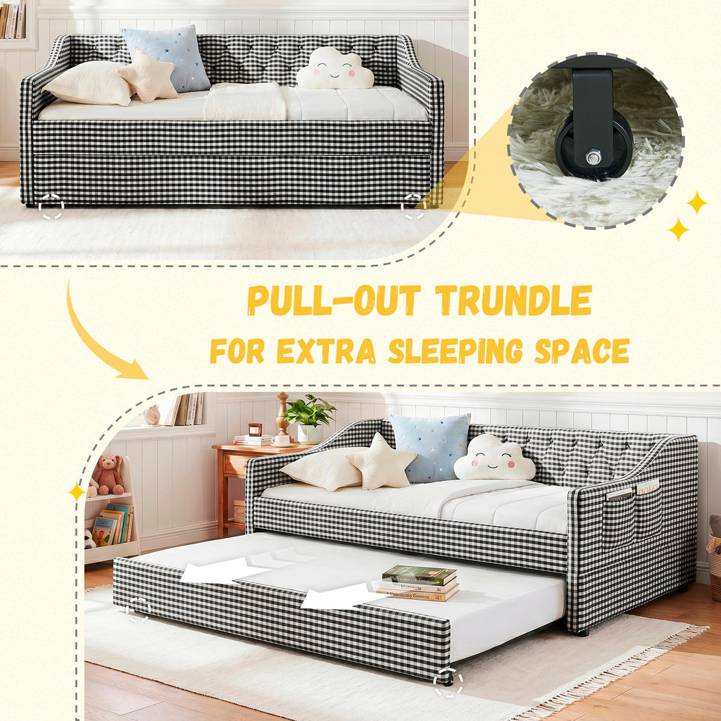 Twin Size Gingham Daybed with Trundle and Storage Pocket P4176