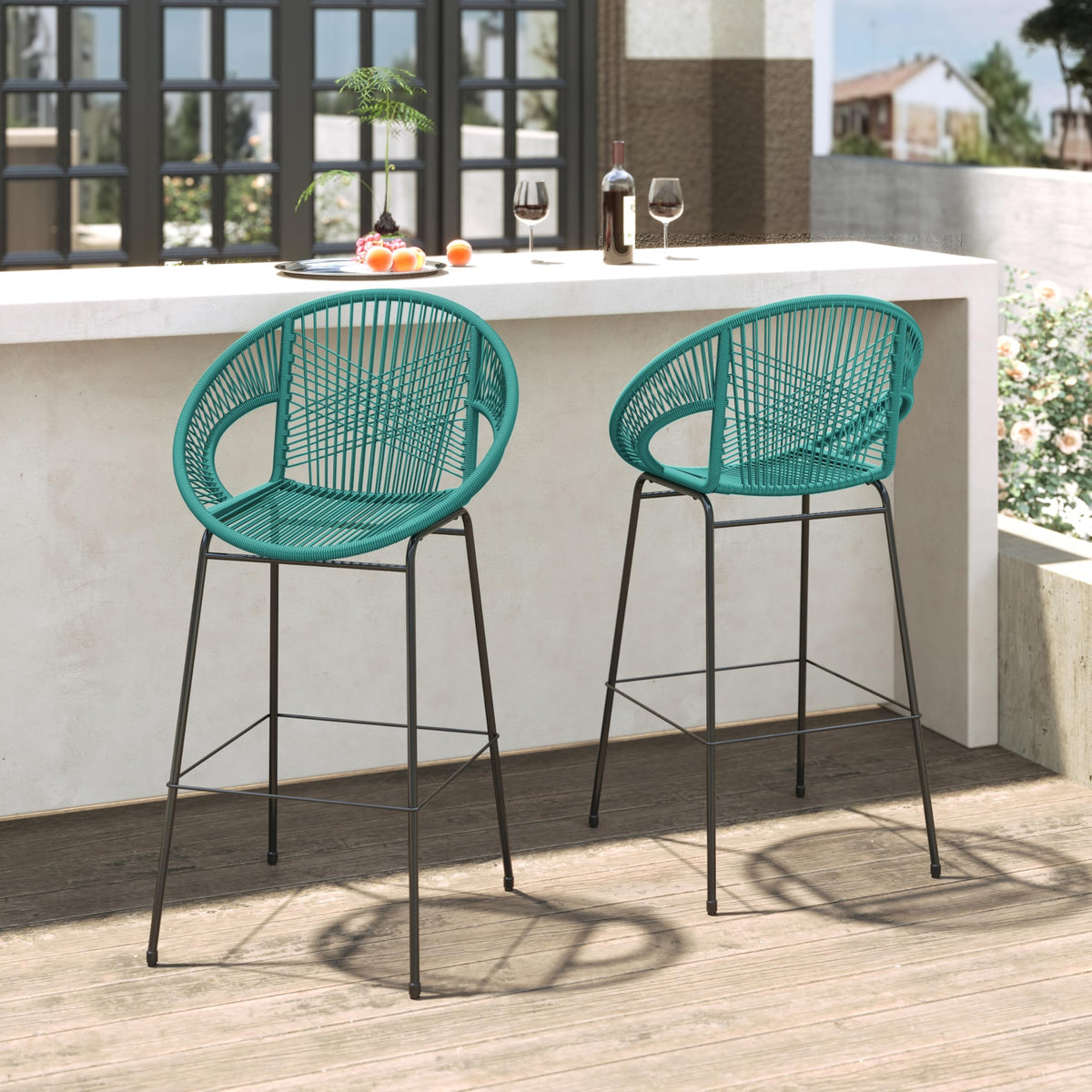 Teal Faux Wicker Outdoor Bar Stool, Set of 2 D325150