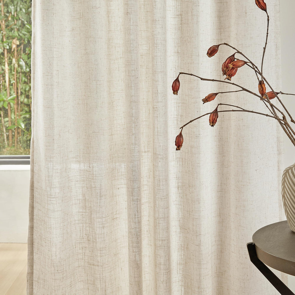 90 Inches Long Semi Sheer Linen Curtains, 2 Panels I1880