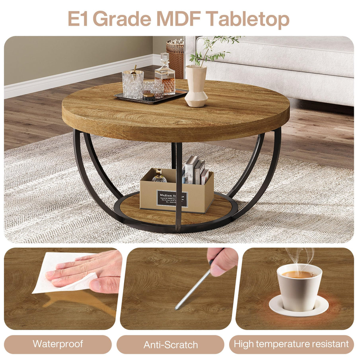 Round 2-Tier Wood Coffee Table with Storage R176495