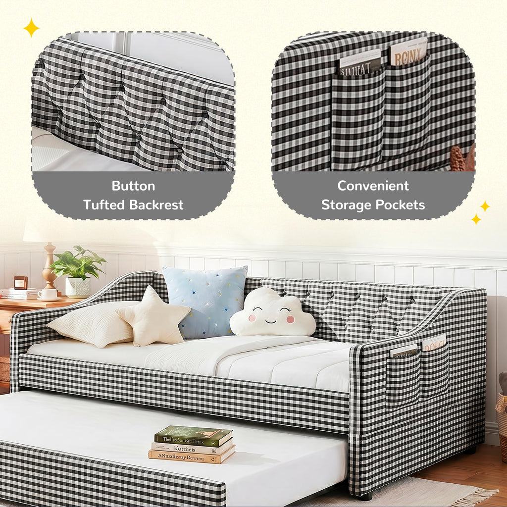 Twin Size Gingham Daybed with Trundle and Storage Pocket P4176
