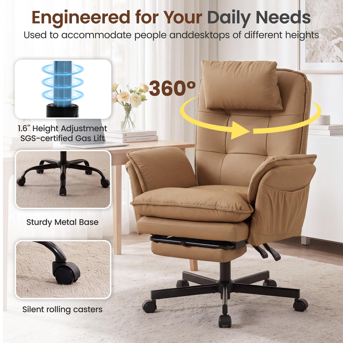 Brown Office Chair with Foot Rest & Flip Armrests R841